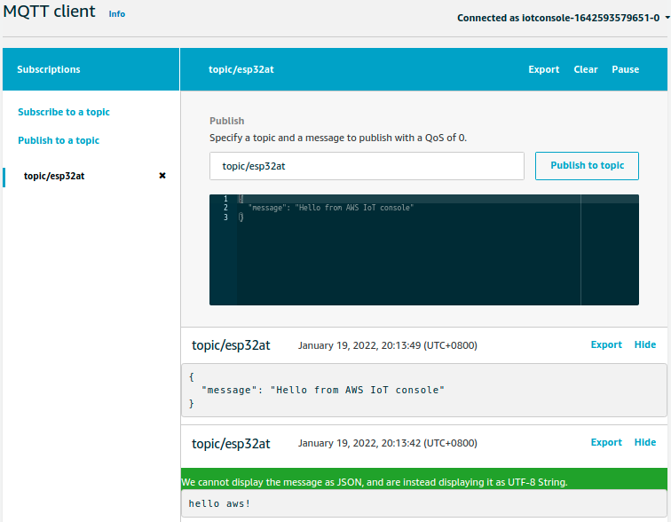 Log of Connecting to AWS IoT on AWS Side