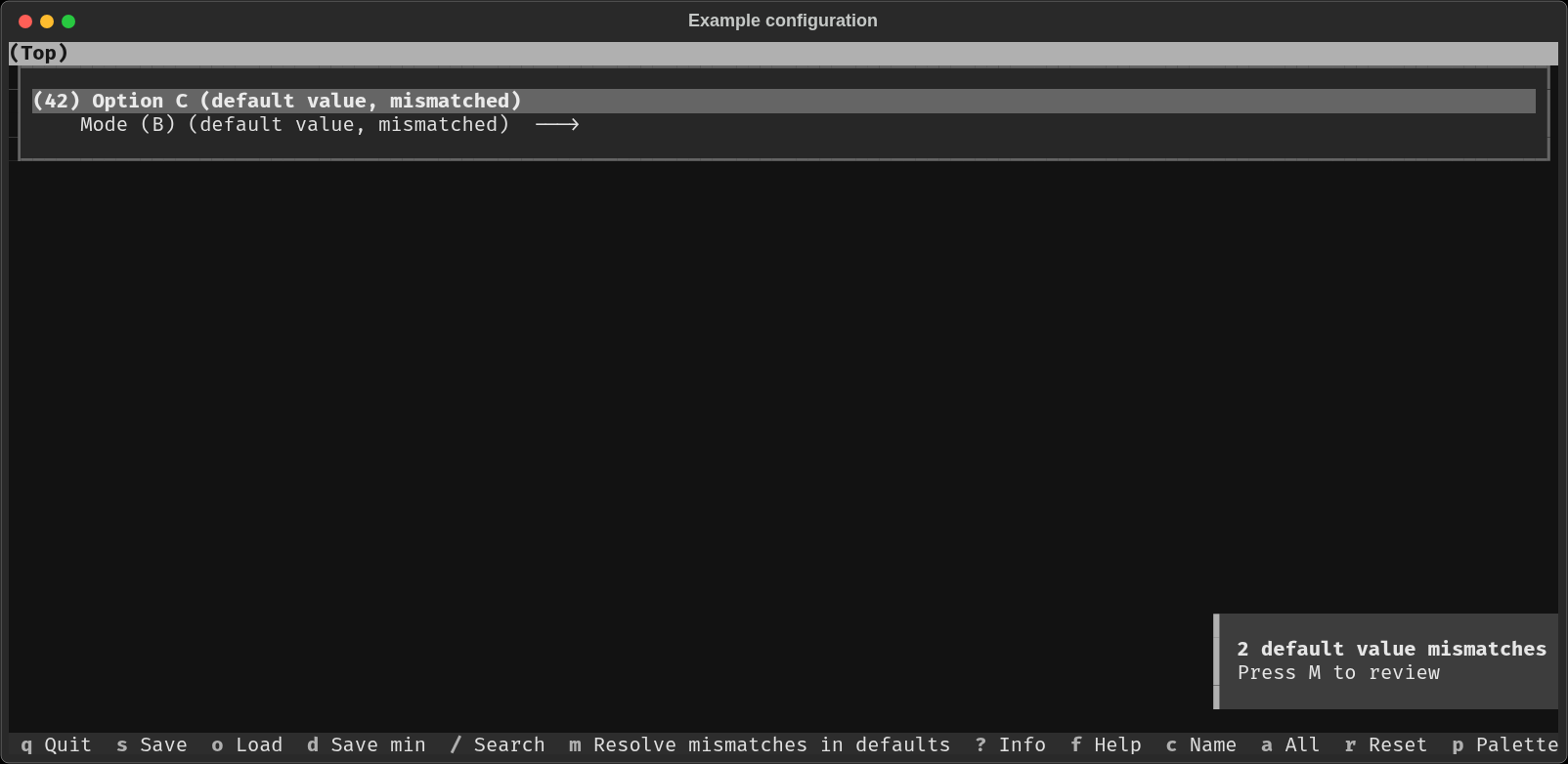 Main menuconfig window with a notice about default value mismatches