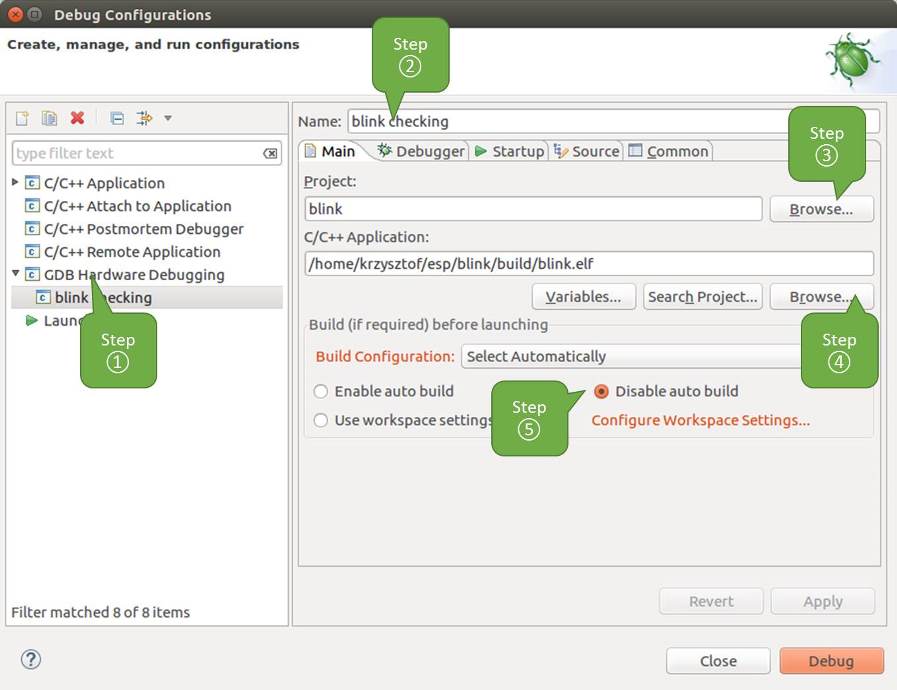 Configuration of GDB Hardware Debugging - Main tab