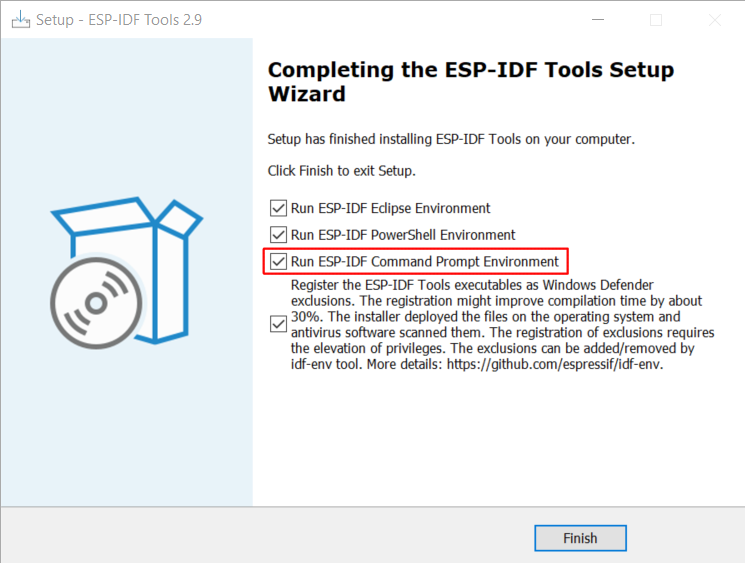 Completing the ESP-IDF Tools Setup Wizard with Run ESP-IDF Command Prompt (cmd.exe)