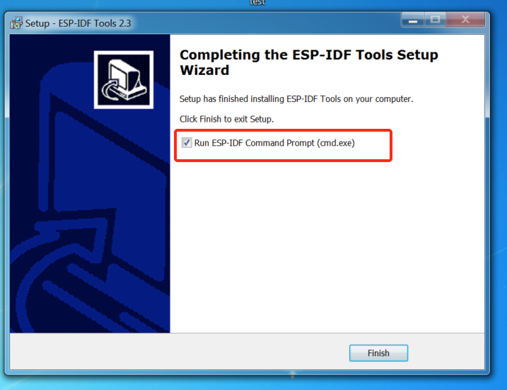 Completing the ESP-IDF Tools Setup Wizard with Run ESP-IDF Command Prompt (cmd.exe)