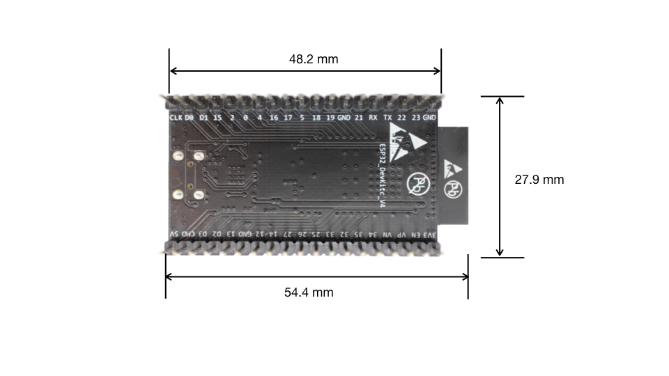 Dimensions of ESP32-DevKitC board with ESP32-WROOM-32 module soldered - back (click to enlarge)