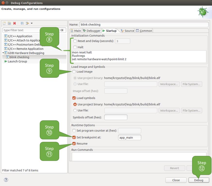 Configuration of GDB Hardware Debugging - Startup tab