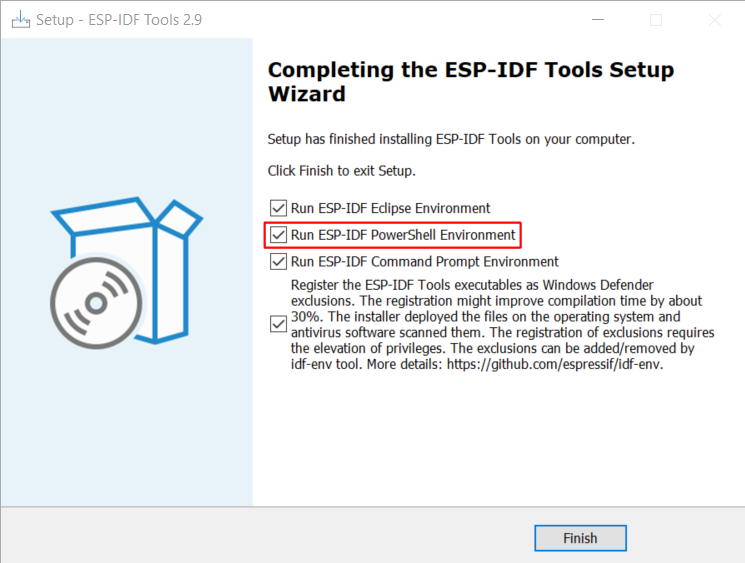 Completing the ESP-IDF Tools Setup Wizard with Run ESP-IDF PowerShell Environment