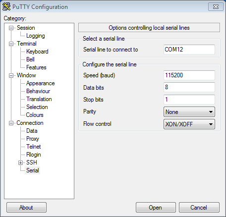 在 Windows 操作系统中使用 PuTTY 设置串口通信参数