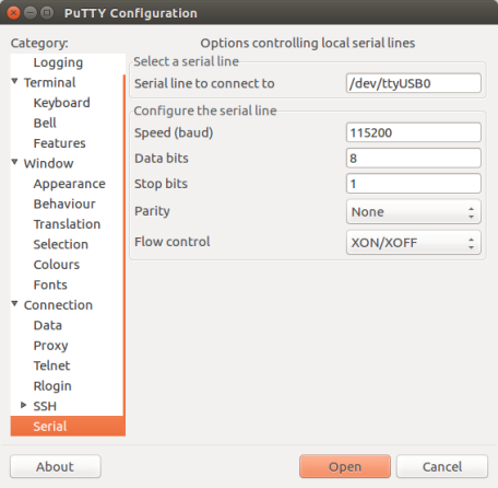 在 Linux 操作系统中使用 PuTTY 设置串口通信参数