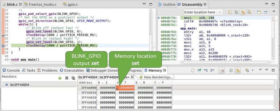 Observing memory location 0x3FF44004 changing one bit to ON"