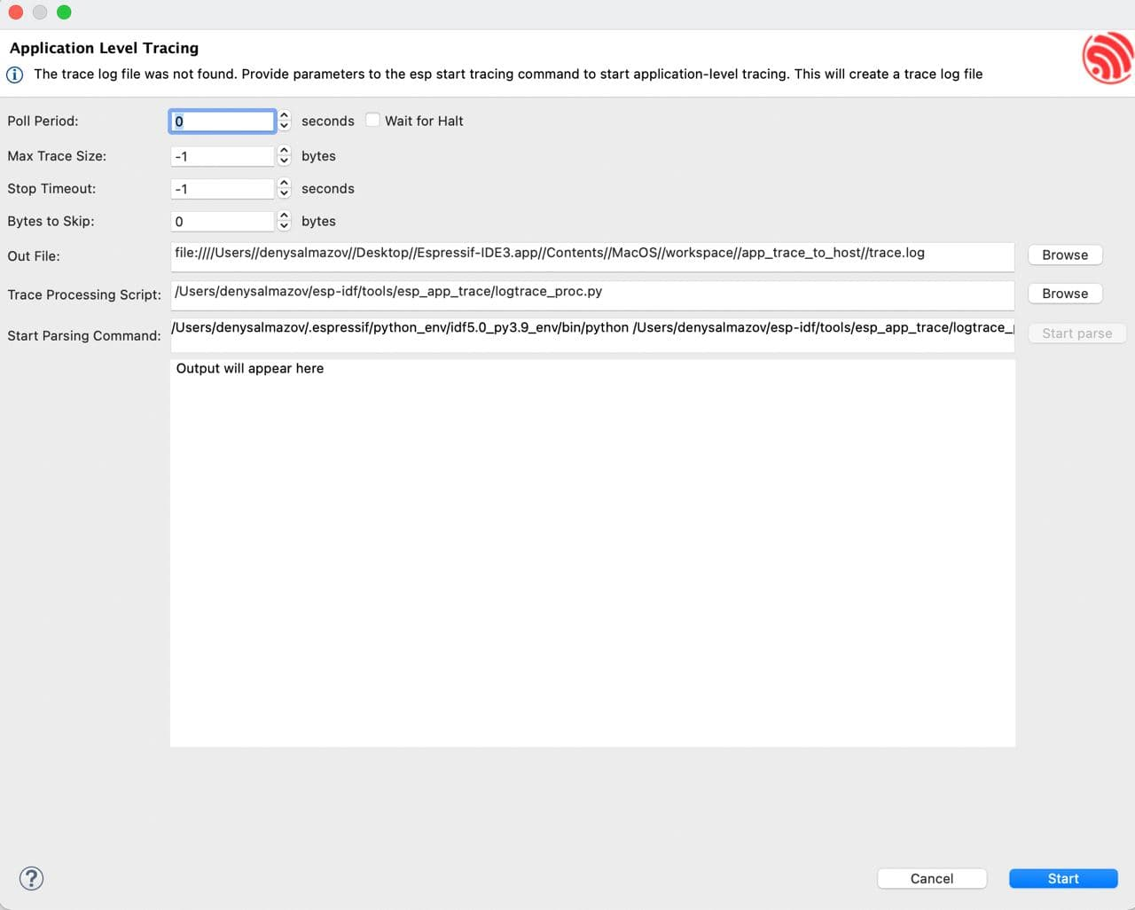 Application Level Tracing dialog