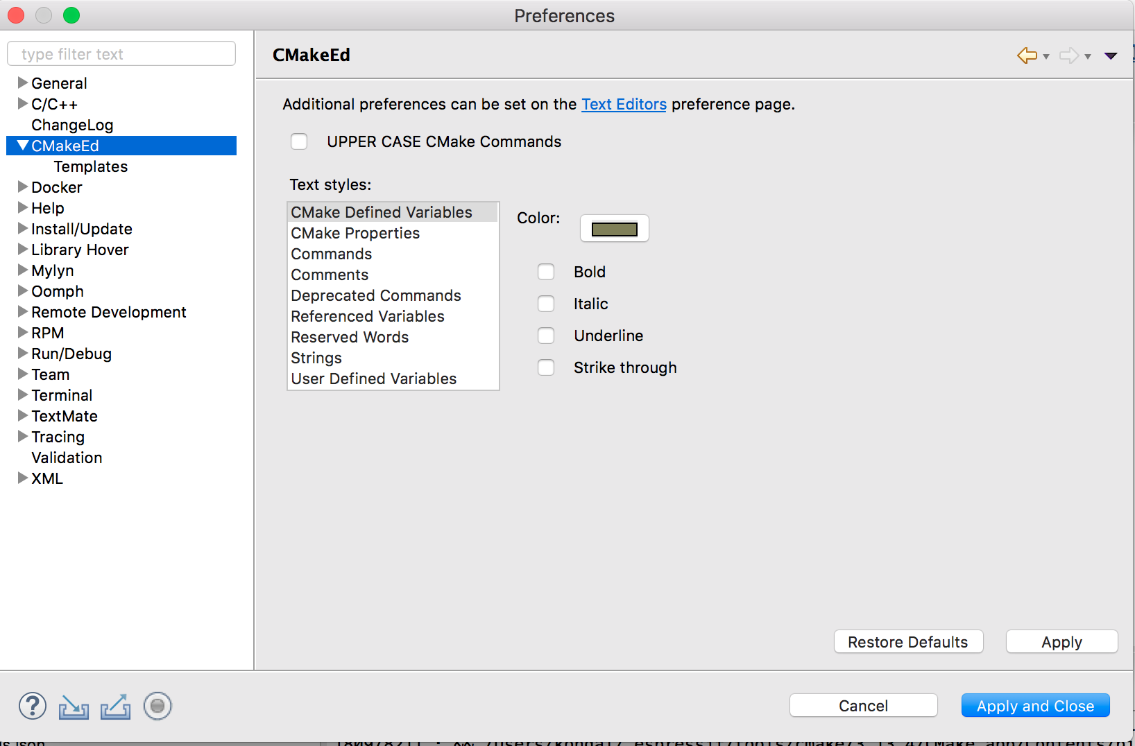 CMake editor preferences