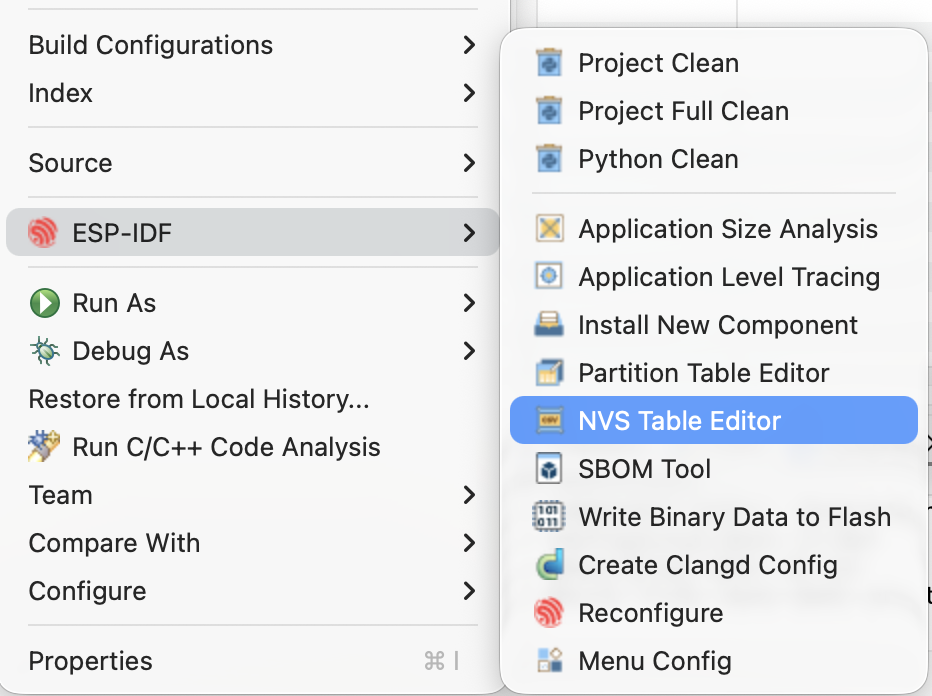 NVS Table Editor menu option