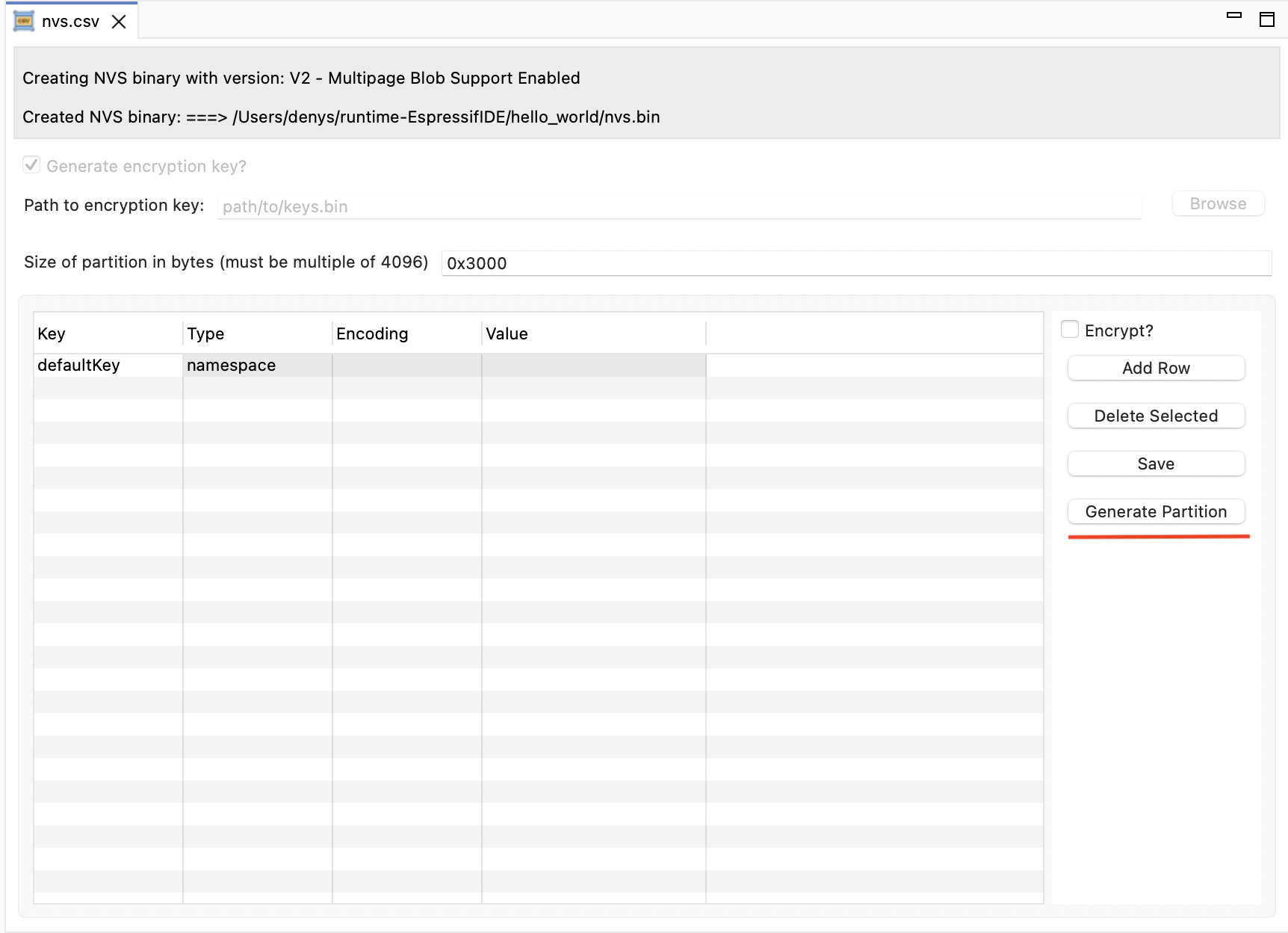 Binary generation result in NVS Table Editor