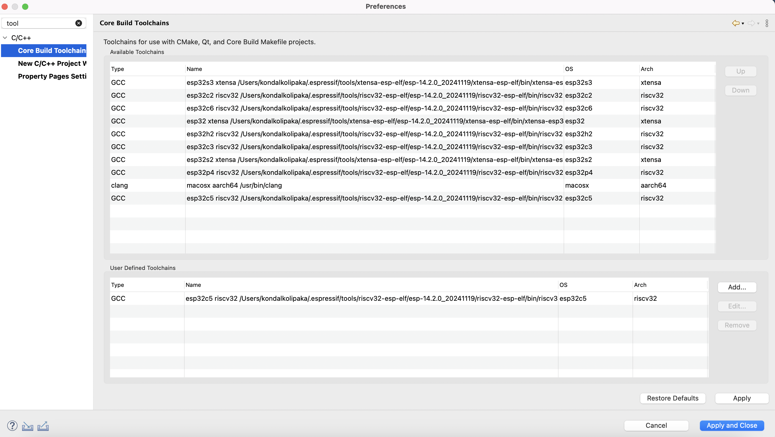 Core Build Toolchains Preferences (Add Custom Target)